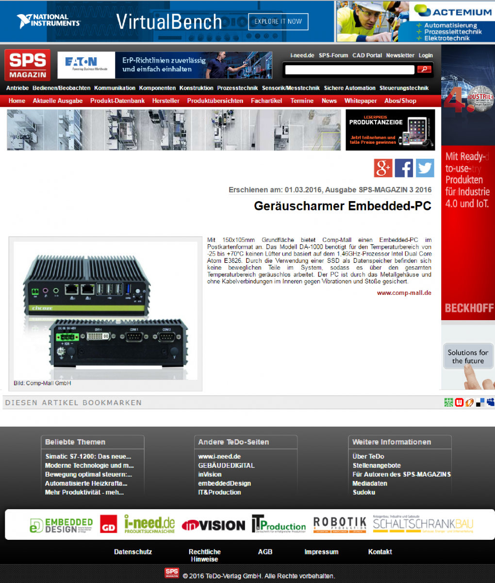 SPS Magazine (Germany) Introduces Cincoze New DA-1000 Embedded PC
